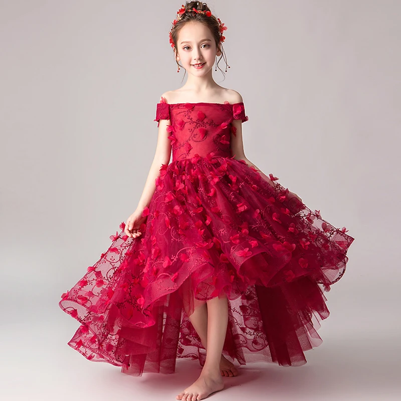 Г. Летнее элегантное детское платье для девочек винно-красного цвета с открытыми плечами, платье для дня рождения, свадьбы, вечеринки, платье для выпускного вечера с цветами Детское платье-костюм для подростков
