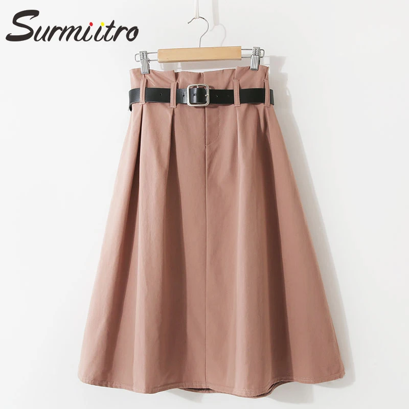 

Surmiitro Solid Cotton Midi Skirt Women With Belt 2019 Spring Summer Fashion Ladies A-line High Waist Sun School Skirt Female