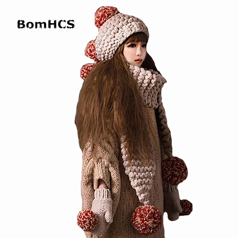 BomHCS Шапочка+ перчатки+ шарф(3 шт.) Прекрасный Для женщин девушка зима теплая вязать ручной шляпа шапки