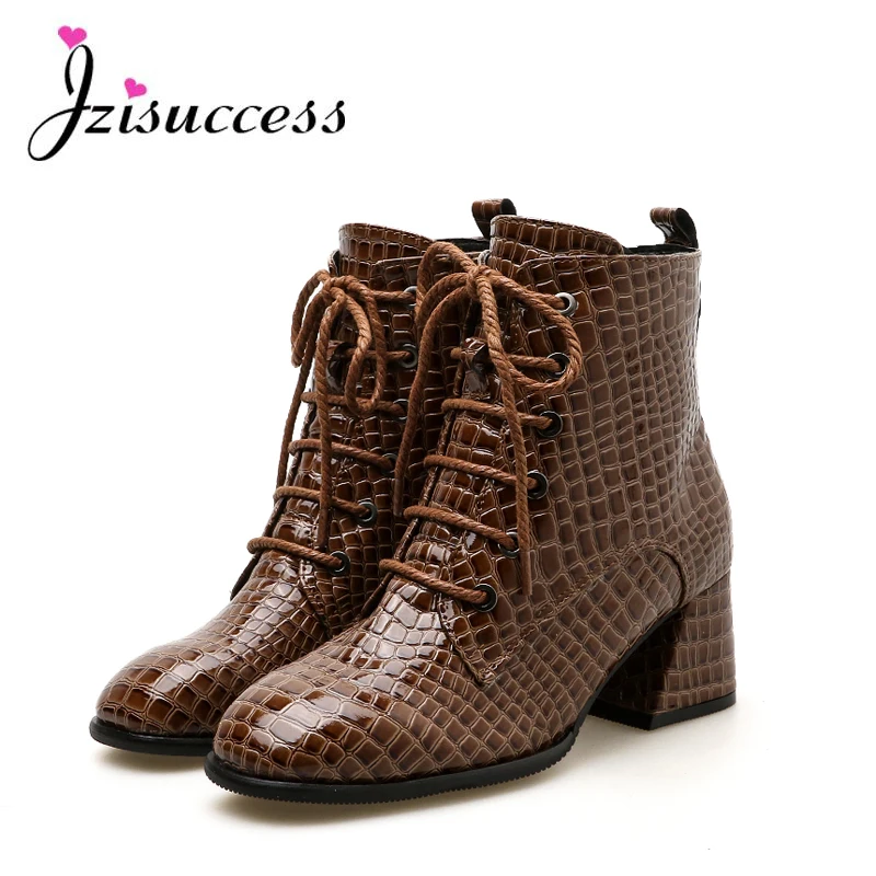 

jzisuccess 2018 Chic Women Boots Shiny PU Leather Autumn Winter Shoes Woman Spuare Toe Block Heels Ankle Boots Female Boots