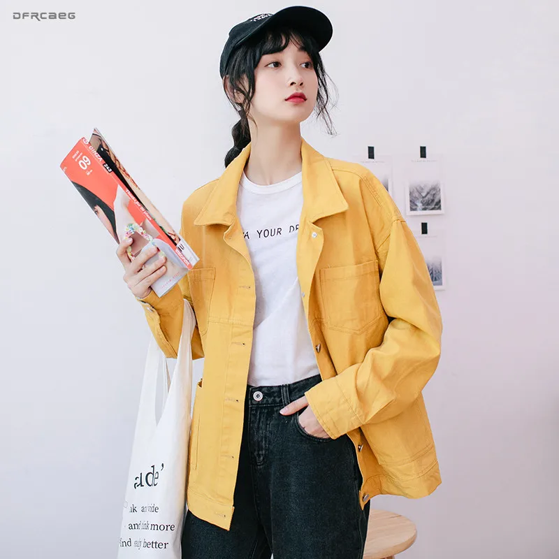 

Candy Color Oversized Basic Women Jeans Jacket Pockets 2019 Spring Turn-down Collar Loose Denim Jackets Retro Female Coat
