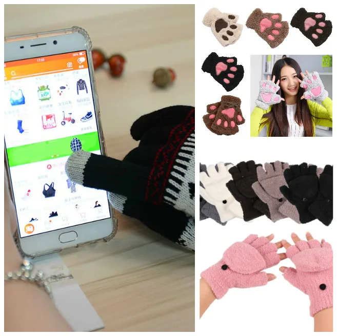 

1 Pair Winter Women Ladies Girls Lovely Gloves Plush Warm Mittens Cute Cat Paw Short Fingerless Half Finger Glove MSJ99