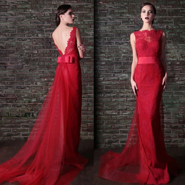 

hot sexy backless red long lace mermaid evening dress 2015 vestido de festa bow robe de soiree new arrival formal dresses