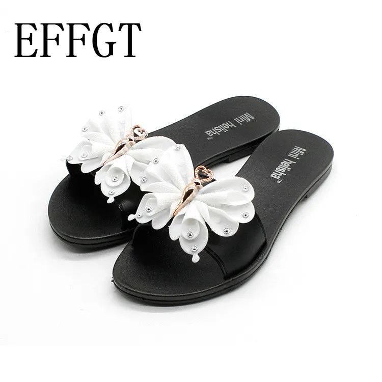 

EFFGT 2019 Woman Bowtie Shoes Lady Students Summer Flats Sandals Women Summer Beach Flip Flops Woman Sweet Slippers C865