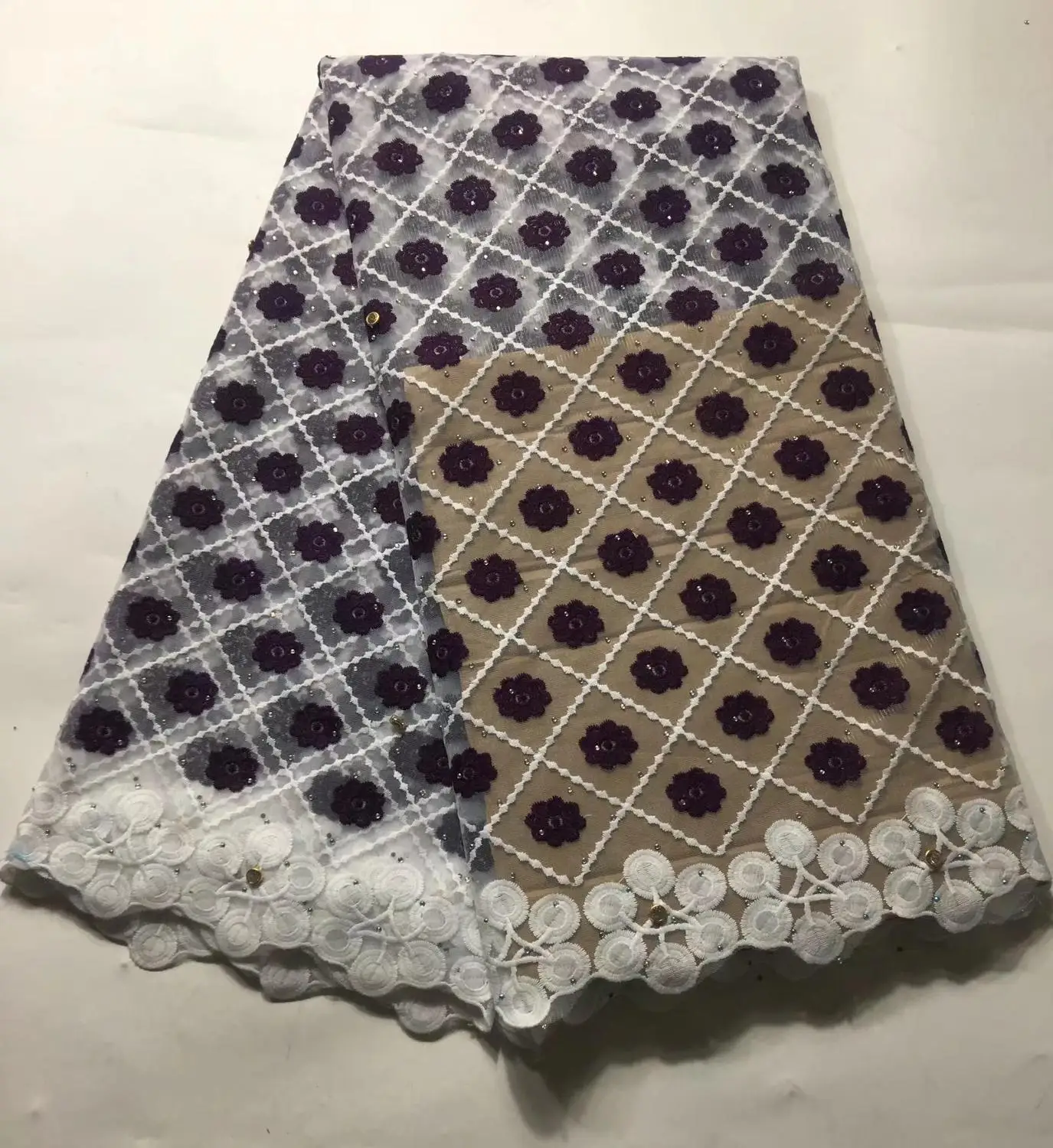 

African Lace Fabric 2019 Embroidered Nigerian Guipure Lace High Quality Stones French Tulle Lace For Bridal Purple Wedding Party