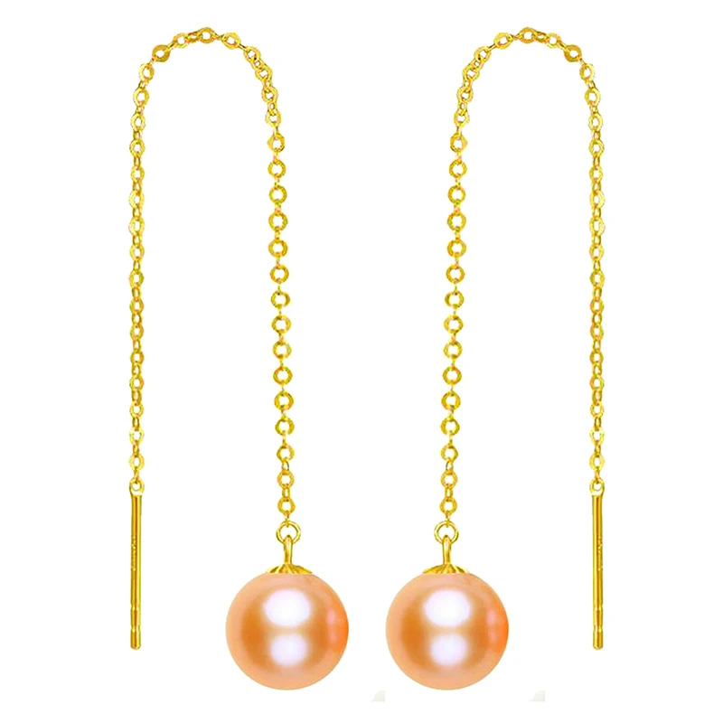 

Sinya long 18k Yellow gold chains threaded up 6mm / 7mm / 8mm Round Pink freshwater pearls drop earrings for elegant womes