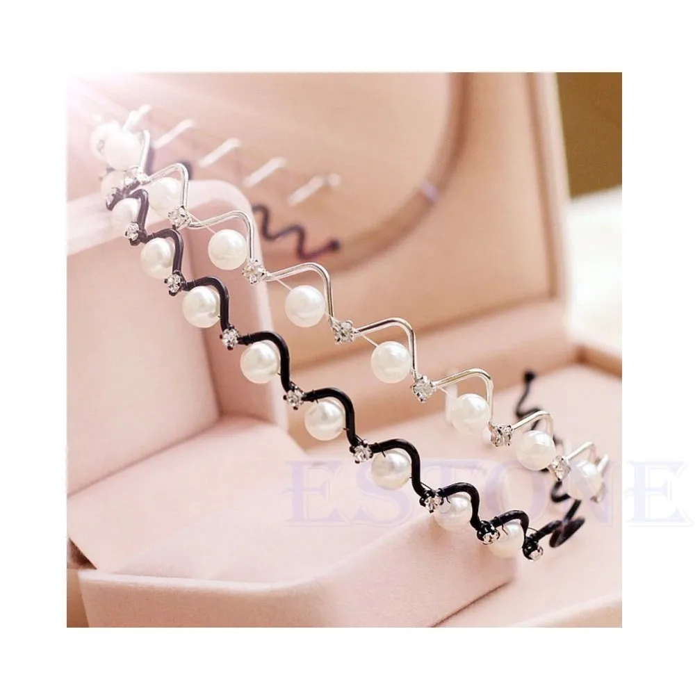 Fashion Pretty Rhinestone and Imitation Pearl Wave Hairpin Hair Band