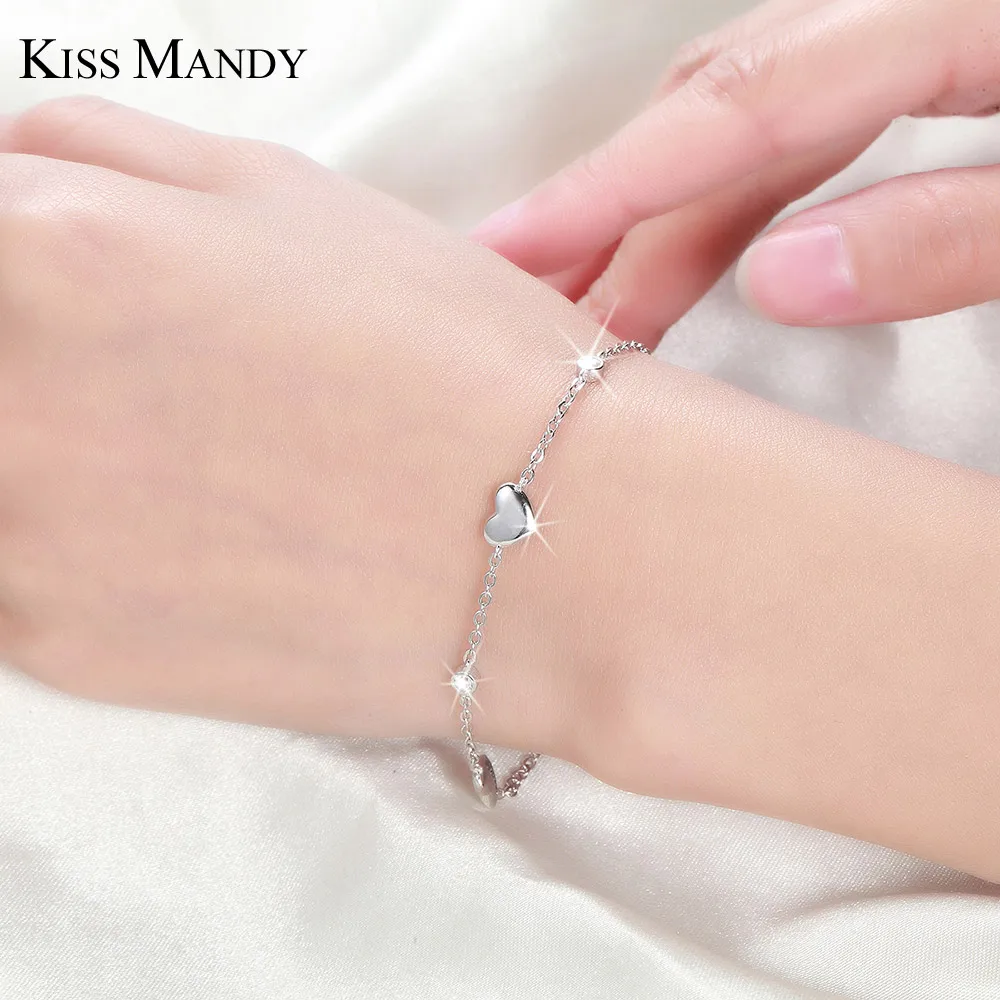 Браслет KISS MANDY из стерлингового серебра 925 пробы для женщин, из 3 частей, подлинный 925 серебряный браслет в форме сердца, вечерние ювелирные изделия KSB02