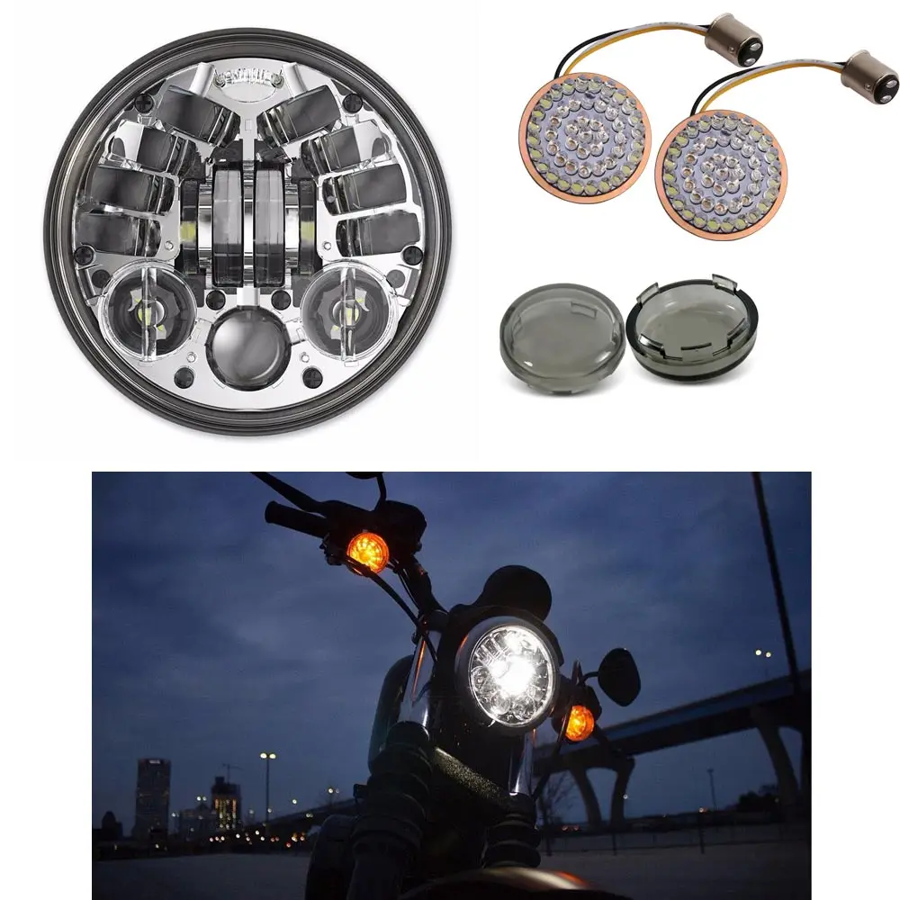 

5.75" Motorcycle Headlight LED Projection Lamp With Turn Signal + Smoked Bullet Front Turn Signal for Dyna iron 883