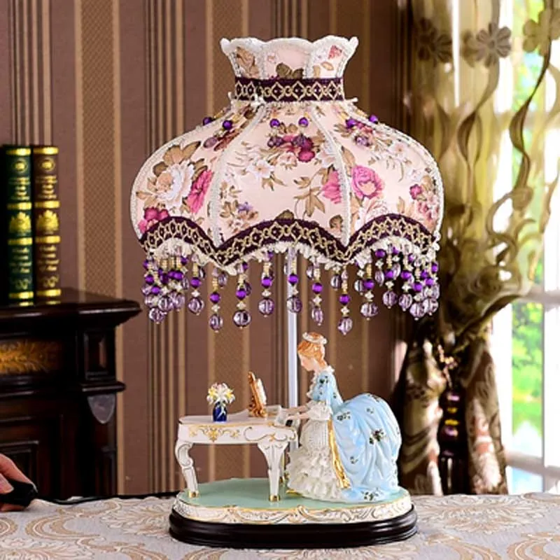  European Ceramics Lady playing piano Table Lights lover people figurine Study Room fabric lampshade - 32952573570