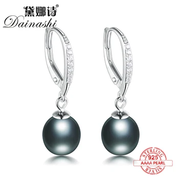 

Dainashi elegant noble 925 sterling silver natural real black pearl drop earrings/ear ring with AAA zico fine jewelry