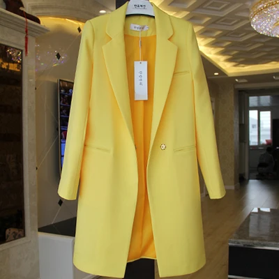 Модный приталенный Женский блейзер средней длины, костюм размера плюс, подходит ко всему, блейзеры и куртки, весна и осень, новое поступление - Цвет: Цвет: желтый