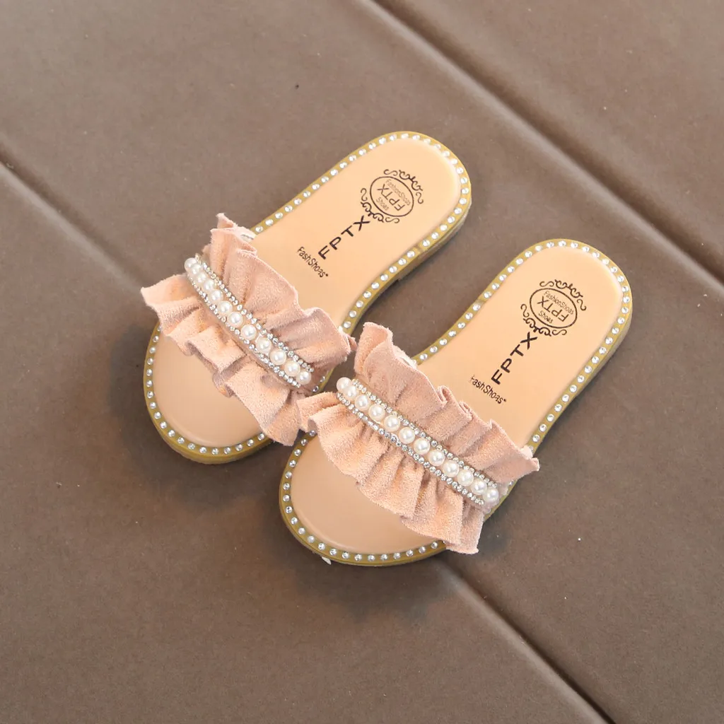 Kids Sandals Toddler Baby Girls Sandals Pearls Crystal Ruffles Princess Shoes Slippers Comfortable Casual Summer Shoes