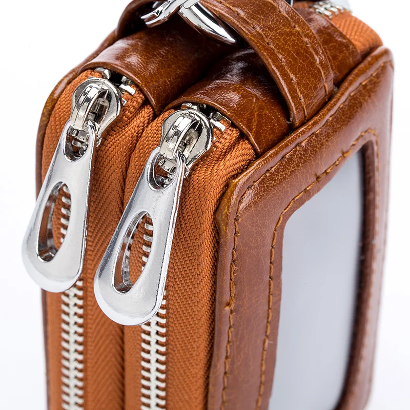 Key Holder Genuine Cow Leather Home Car Keys Double Pocket Zipper Mini Wallet Transparent Pocket Men Women