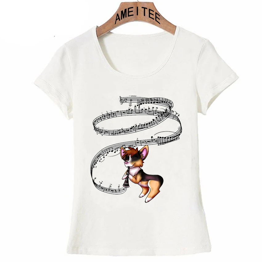 

Hipster Cute Corgi Clarinet Design T-Shirt Summer fashion Women T-Shirt casual ladies Tops cute girl Tees maiden shirts