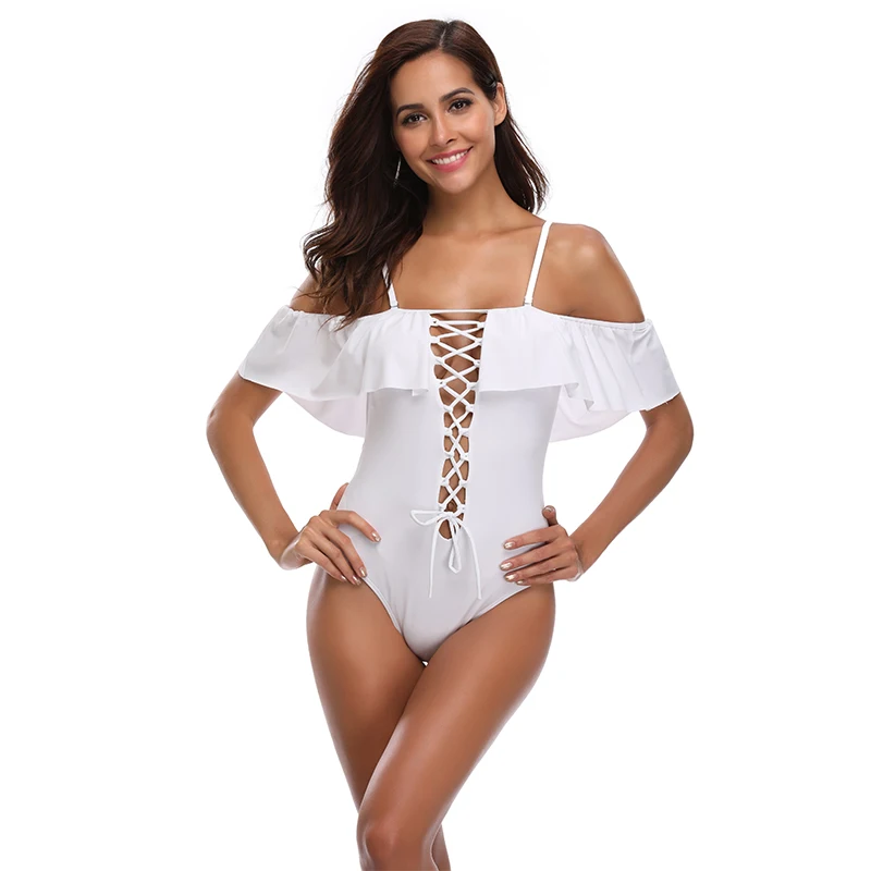 

New Sexy Off Shoulder Swimsuit Women One Piece Suit Hollow Bathing Suit S-XL Girl Solid Color Swimwear Backless Padded Monokini