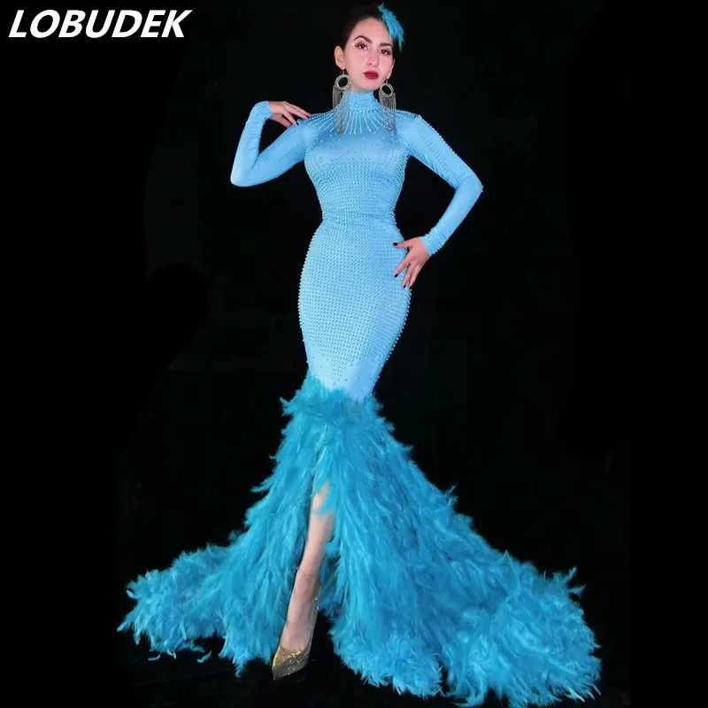 

Evening Performance Stage Lady Singer Host Mermaid Dress Blue Beads Feathers Long Dress Models Catwalk Fishtail Dress Party Wear
