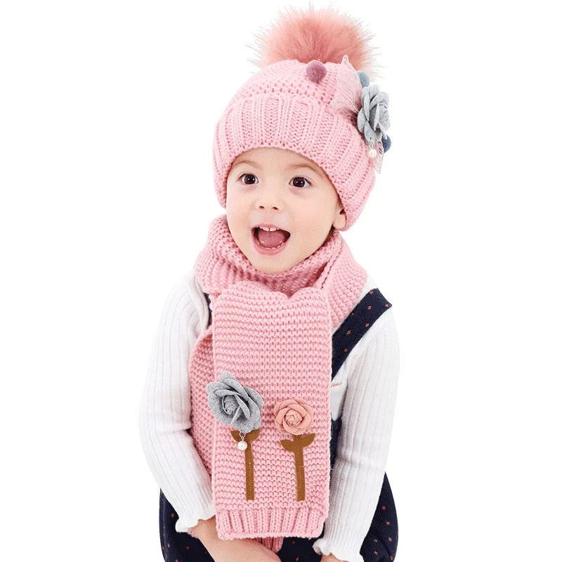 От 1 до 7 лет, детская зимняя вязаная шапка, шарф, комплект с помпоном, шапка, комплекты для девочек и мальчиков, модная детская теплая шапка с цветочным принтом и шарф, комплекты