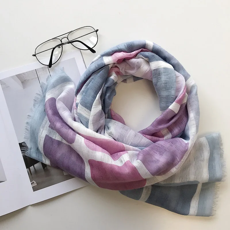 

Scarf Women Spring and Autumn Soft Pink Blue Square Graffiti Cotton Scarf Female Long Shawl summer scarf