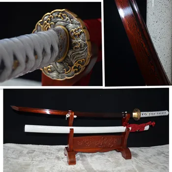 

HANDMADE RED DAMASCUS FOLDED STEEL BLADE JAPANESE SAMURAI SWORD KATANA FULL TANG COLLECTION & FUCTIONAL WAVE TSUBA