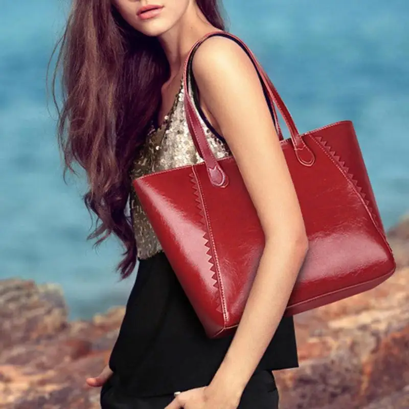 

Retro Women Large Capacity Oil Wax PU Leather Shopping Tote Lady Pure Color Casual Simple Shoulder Handbags leather bag women
