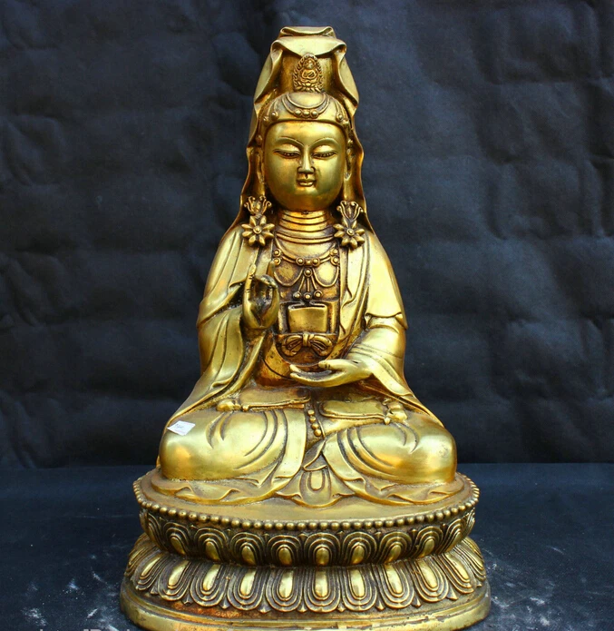 

Chinese Folk Fengshui Old Antique Copper Brass Statue Guanyin Buddha Sculpture