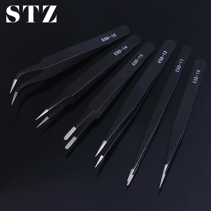

STZ 6pcs Professional Tweezers Set Eyelash Extensions Kruller Black Clip Curling Eyelashes Stainless Steel Nail Tools ESD10-15-1