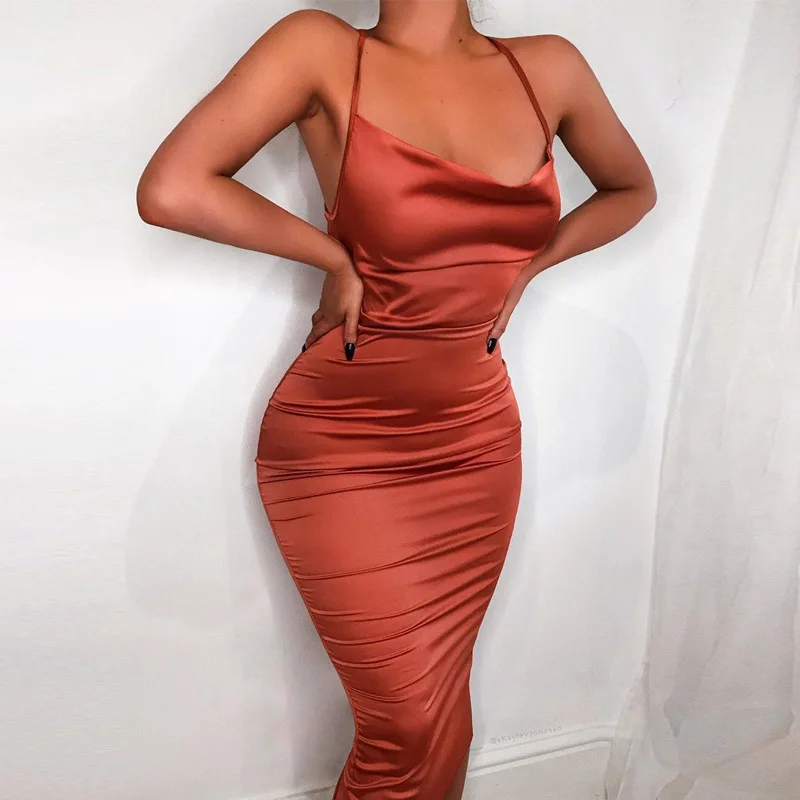 

New Women Satin long dress summer Red Elegant dresses woman party night sexy backless lace up Slim fit bodycon dress