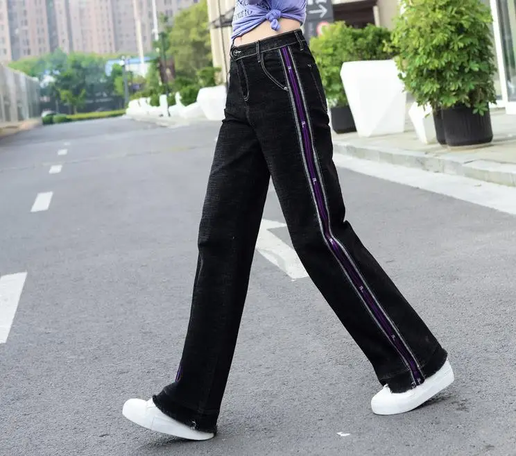 Джинсовые широкие брюки женские 2018 Осенние новые с высокой талией тонкие джинсовые брюки