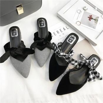 

Mixed Colors Plaid Pointed Toe Summer Shoes Women Butterfly-knot Flat Slides Babouche 2018 Newest Ladies Shoes zapatos mujer