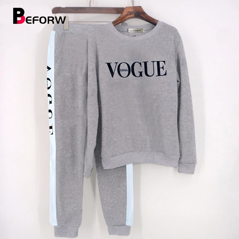 

BEFORW Long Sleeve Sportswear Outfit Women 2 Piece Set VOGUE Letter Printed Sweatshirt And Pants Suit Casual Two Piece Tracksuit