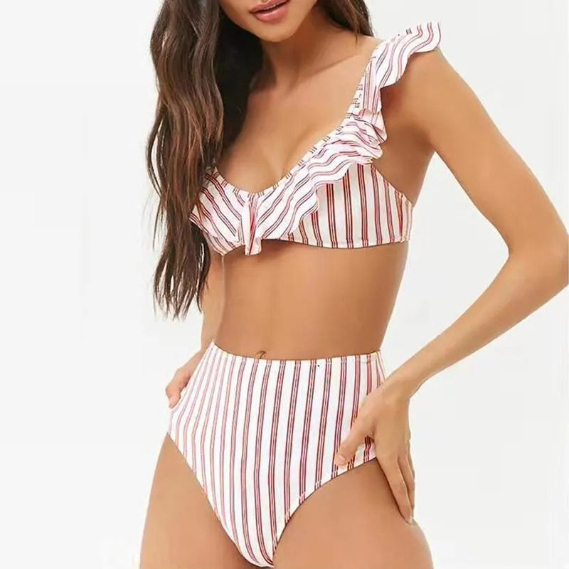

Swimwear Women Bikini 2019 Striped Print Ruffles Padded High Waist bikini Two Piece Swimsuit Swimwear Bathing Suit Bikini Set