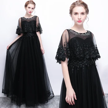 

Luxury Black Long Women Evening Gowns Tulle Cape Elegant Banquet Party Dress Floor-Length O-neck Female Prom Gown XS-3XL G329