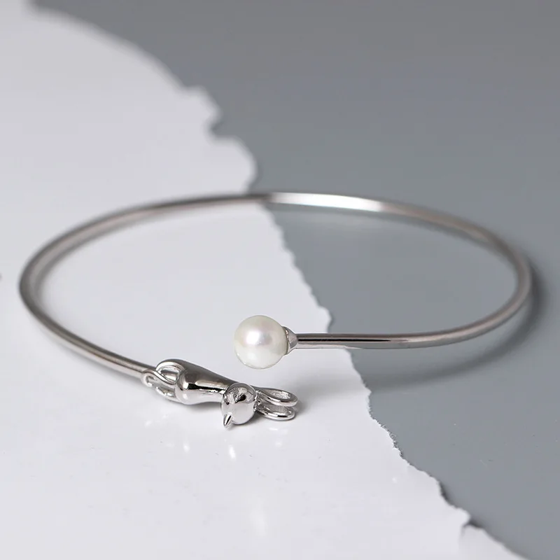 cat pearl simple bangle 100% 925 Sterling silver Jewelry Vintage Adjustable bangles for women gift