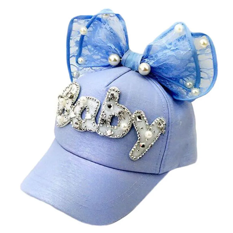 Милый большой бант для девочек Snapback детская бейсбольная кепка сетчатая шапка весна лето регулируемая бейсболка дети жемчуг - Цвет: Light blue
