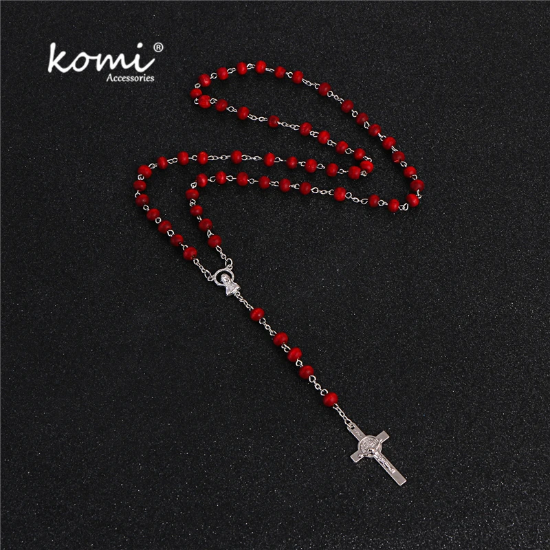 

Komi Necklace For Women Men Statement Fashion Jesus Pendant Holiday Christian Rosary Bead Red Color Accessories Party Gift R-072