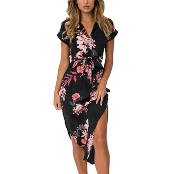 

Women Dress Summer 2019 Boho Beach Sexy Casual Loose Summer Printed Dress V-neck Short Sleeve Midi Dress Plus Size Dress