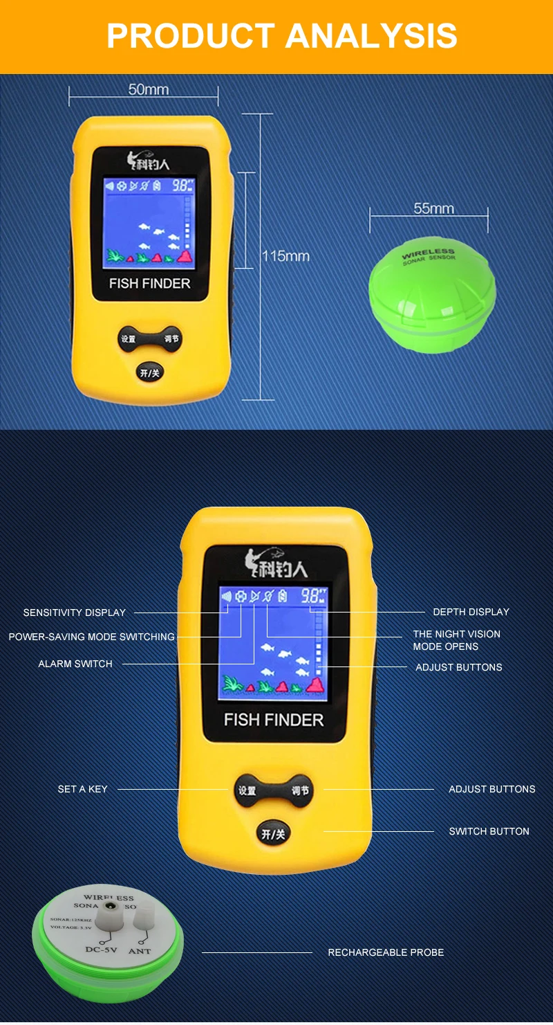 Outlife, умный портативный рыболокатор, ЖК-дисплей с 100 м, беспроводной гидролокатор, сенсор, эхолот, эхолот для рыбалки на озере и море