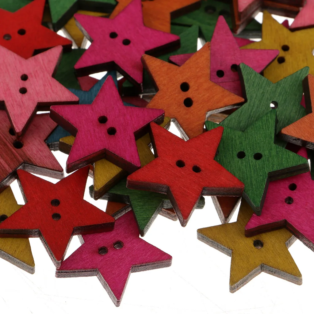 50x Rustic Wood Painted Star 25mm Sewing Wooden Buttons For Clothes Decorative Button Crafts Scrapbooking Card Making Crafting