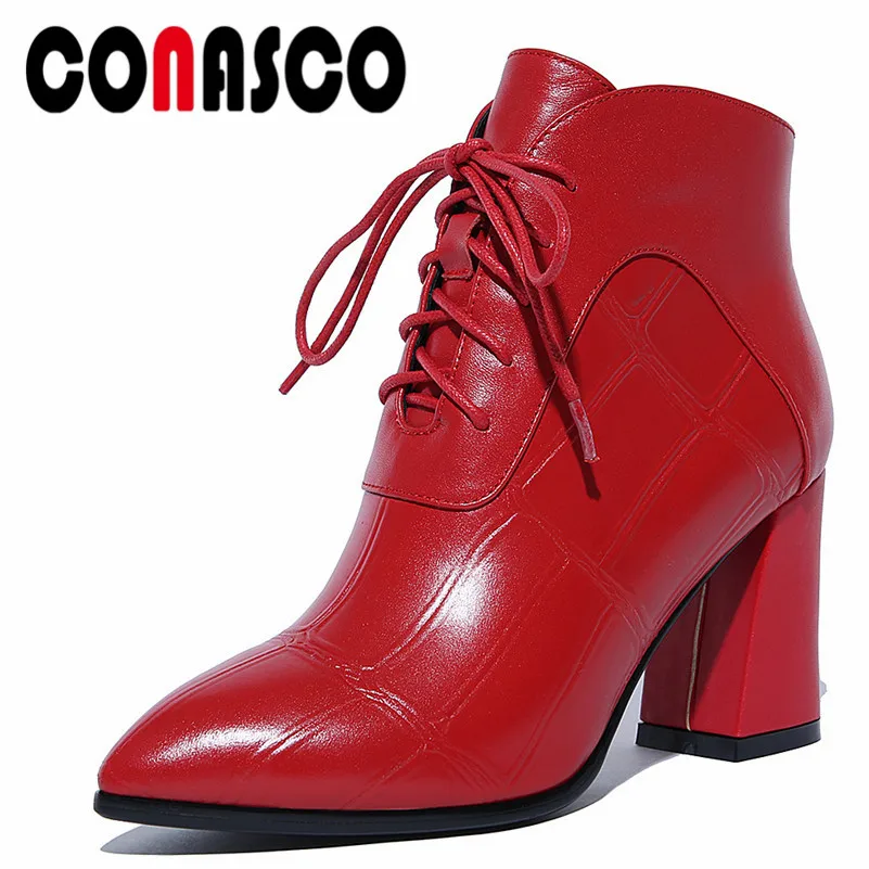 

CONASCO Fashion Women Ankle Boots Autumn Winter Warm Genuine Leather High Heels Shoes Pointed Toe Sexy Night Club Shoes Woman