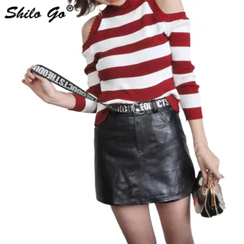 

Leather Shorts Womens Spring Fashion sheepskin genuine leather Shorts high waist concise letter print shorts skirts