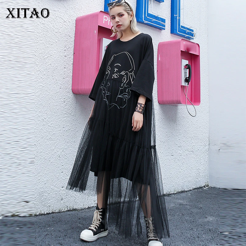 

[XITAO] Fashion 2019 Summer New O-neck Short Sleeve Loose Dress Female Patchwork Mesh Print Pattern Ankle-length Dress WBB3378
