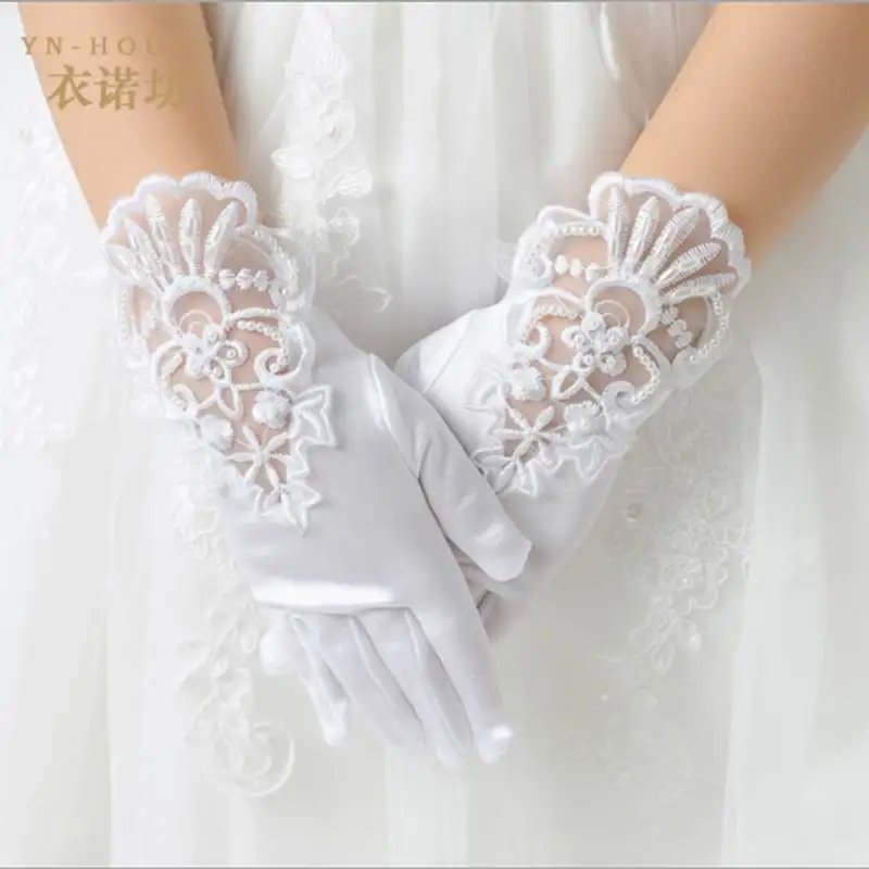 

Kid LACE Satin Long Finger short Gloves for Flower Girl Children Party White Gloves