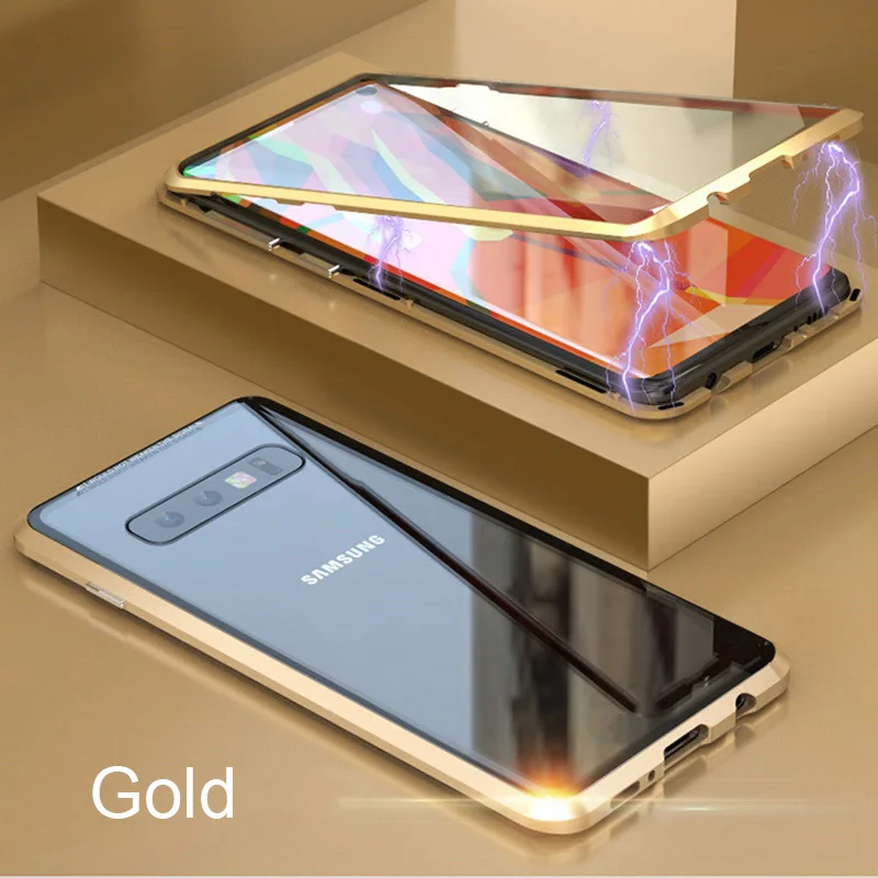Gold 360 двухсторонняя, для стекла Магнитная Адсорбция чехол для samsung Galaxy S10 S9 S8 Plus+ Note 9 8 металлический магнит закаленное стекло Capinha - Цвет: Gold