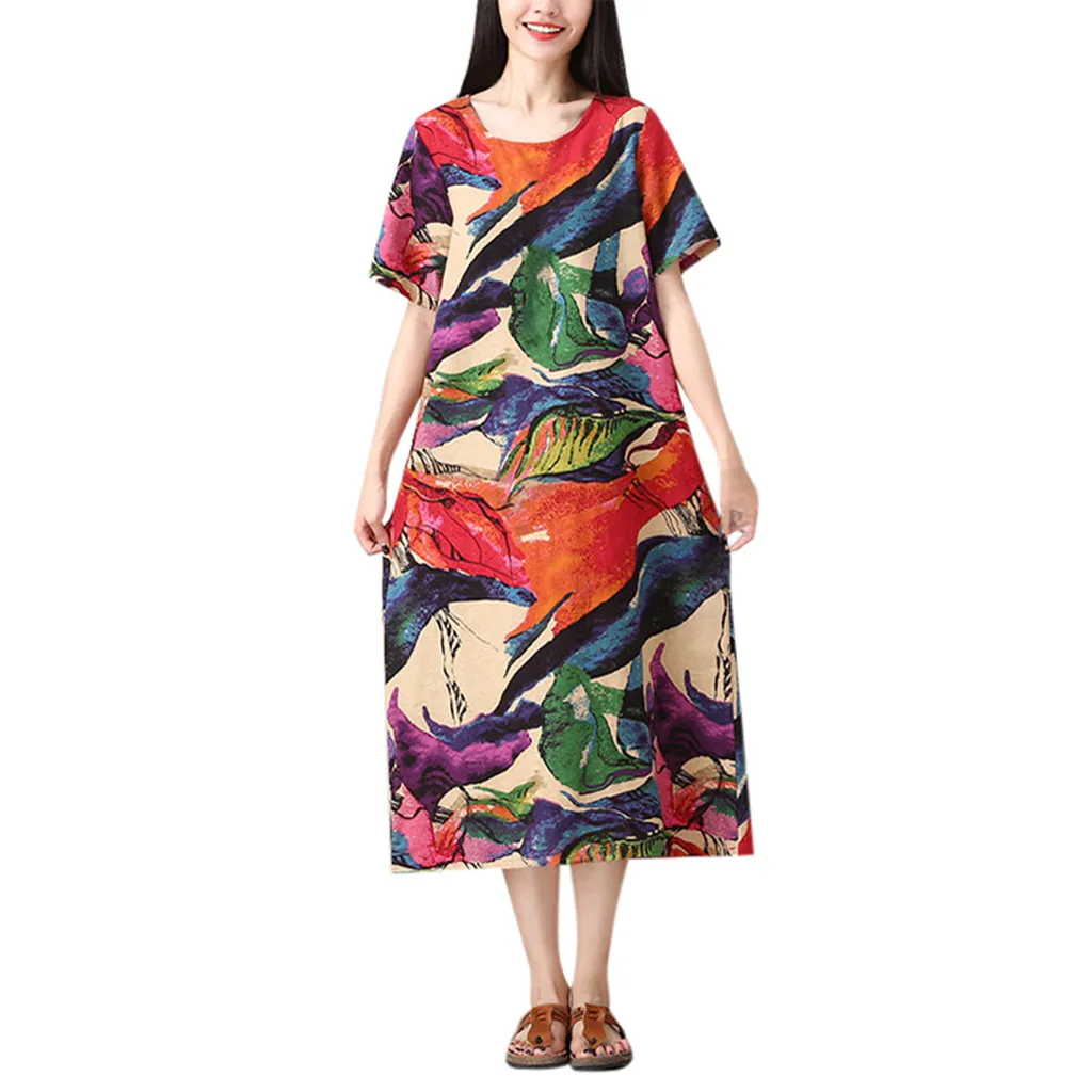 

FREE OSTRICH Dress Women Fashion O-Neck Short Sleeve Cotton And Linen Loose Printing Comfortable Sexy Sweet Dress Women Summer