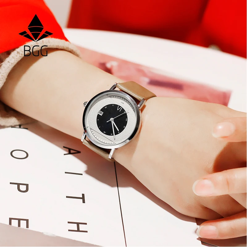 

Scrub stitching surface design rome number retro women watches 2018 BGG brand leather band simple fashion quartz calendar watch