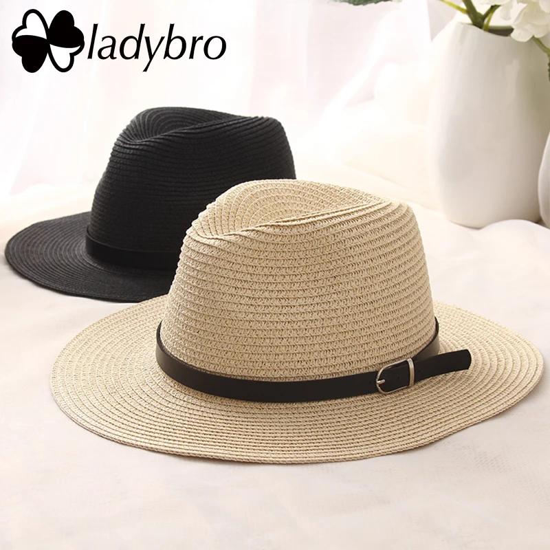 Ladybro соломенная шляпа с широкими полями для женщин, шляпа от солнца, Пляжная джазовая летняя Панама, шляпа для мужчин, дамская шляпа с поясом, мужская шляпа с козырьком, шляпа сомбреро, женская