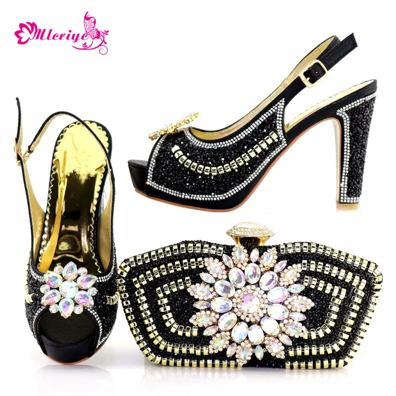 

High Pumps black Color Shoes and Bag set PU Leather Wedding Matching Italian Shoes and Bag set