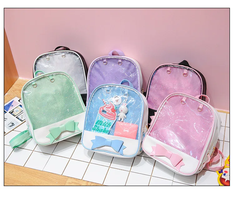 

2019 Clear Transparent Women Backpack Cute Bow Ita Bags For School Mini Pink Black Schoolbags For Teenage Girls Fashion Bookbag