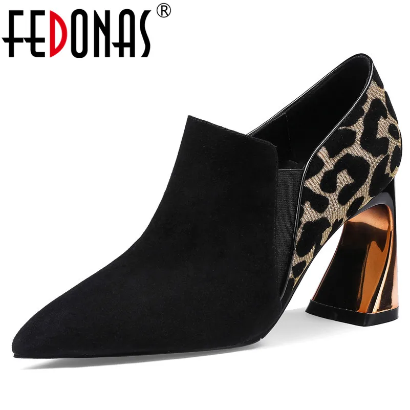 

FEDONAS 2019 Spring Autumn New Fashion Sexy Pointed Toe Strange High Heeled Women Pumps Leopard Kid Suede Office Ladies Shoes